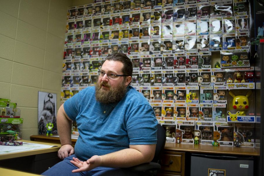 Assistant professor Joseph Hoffswell collects action figures in his office at the department of communication in the Fine Art Center. "My dad was a collector too, he was a comic book collector and that stuff hits home," Hoffswell said, "I've been collecting since I was a high schooler ... and when I was in my Ph.D. I started getting into the Funko Pops behind me, I had a couple but I started seriously collecting in 2013 or so."