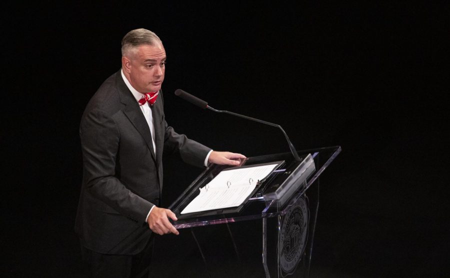 President Timothy Caboni speaks about the upcoming academic year during the 2019 faculty convocation ceremony in VanMeter Hall on Monday, Aug. 19, 2019.
