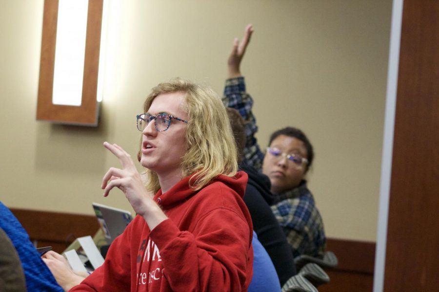 Senators Anthony Survance and Symone Whalin voice disagreement of the veto by the executive board of Resolution 4-19-F on Oct. 29, 2019.