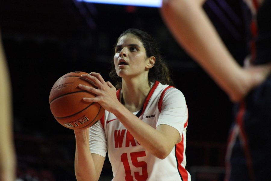Junior forward Raneem Elgedawy (15) attempts a free throw during the Lady Toppers' game against Belmont in Diddle Arena on Wednesday, Nov. 13 in Bowling Green.