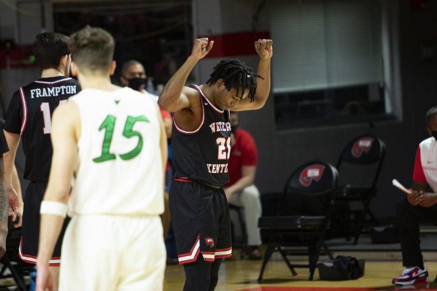 Western Kentucky University guard Kenny Cooper (21) reacts to receiving a foul during the WKU vs. Marshall University game in E.A Diddle Arena on Jan. 15, 2021. The WKU Hilltoppers defeated the Marshall Thundering Herd 81-73.