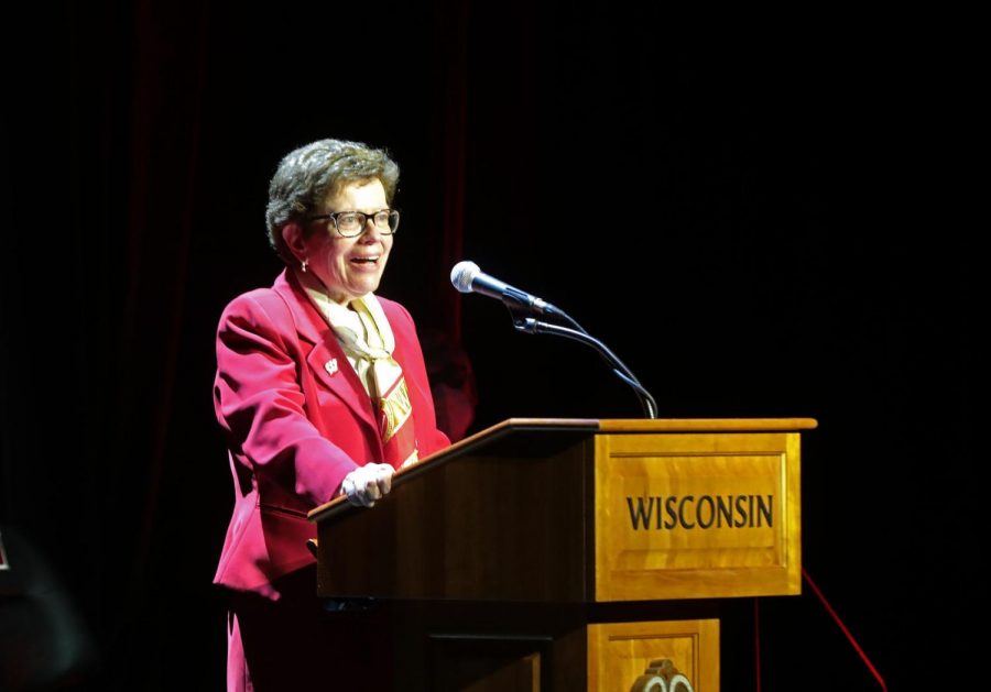 UW-Madison Chancellor Rebecca Blank speaks during Tuesday's event announcing the retirement of athletic director Barry Alvarez at the Kohl Center.