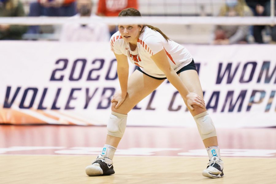 Sophomore Paige Briggs awaiting a Jackson State serve to be hit toward her team on April 14, 2021. Briggs finished the match with a team high 16 kills and nine digs. 