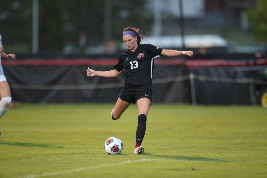 Junior forward Katie Erwin lines up a kick during her five-point performance against Union University on Aug. 21, 2021 at the WKU Soccer complex.
