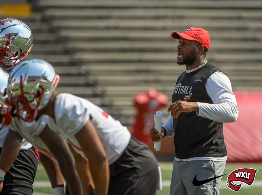 WKU Hilltoppers defensive coordinator Maurice Crum during day 10 fall camp at Houchens Industries-L.T. Smith Stadium on August 13, 2021 in Bowling Green, KY