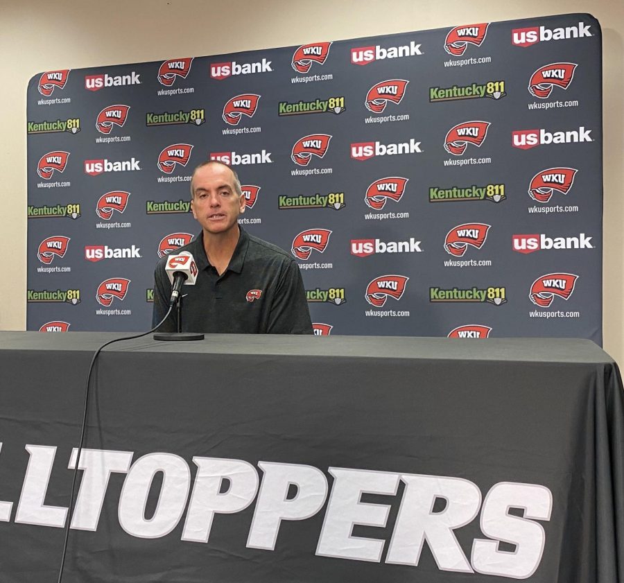 WKU Volleyball head coach Travis Hudson addresses the media on Monday, Sept. 6 2021.