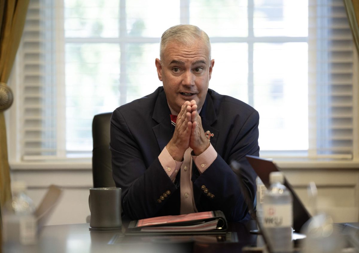 WKU President Timothy C. Caboni speaks with members of the College Heights Herald editorial board at the President’s House on Thursday, Aug. 17, 2023.