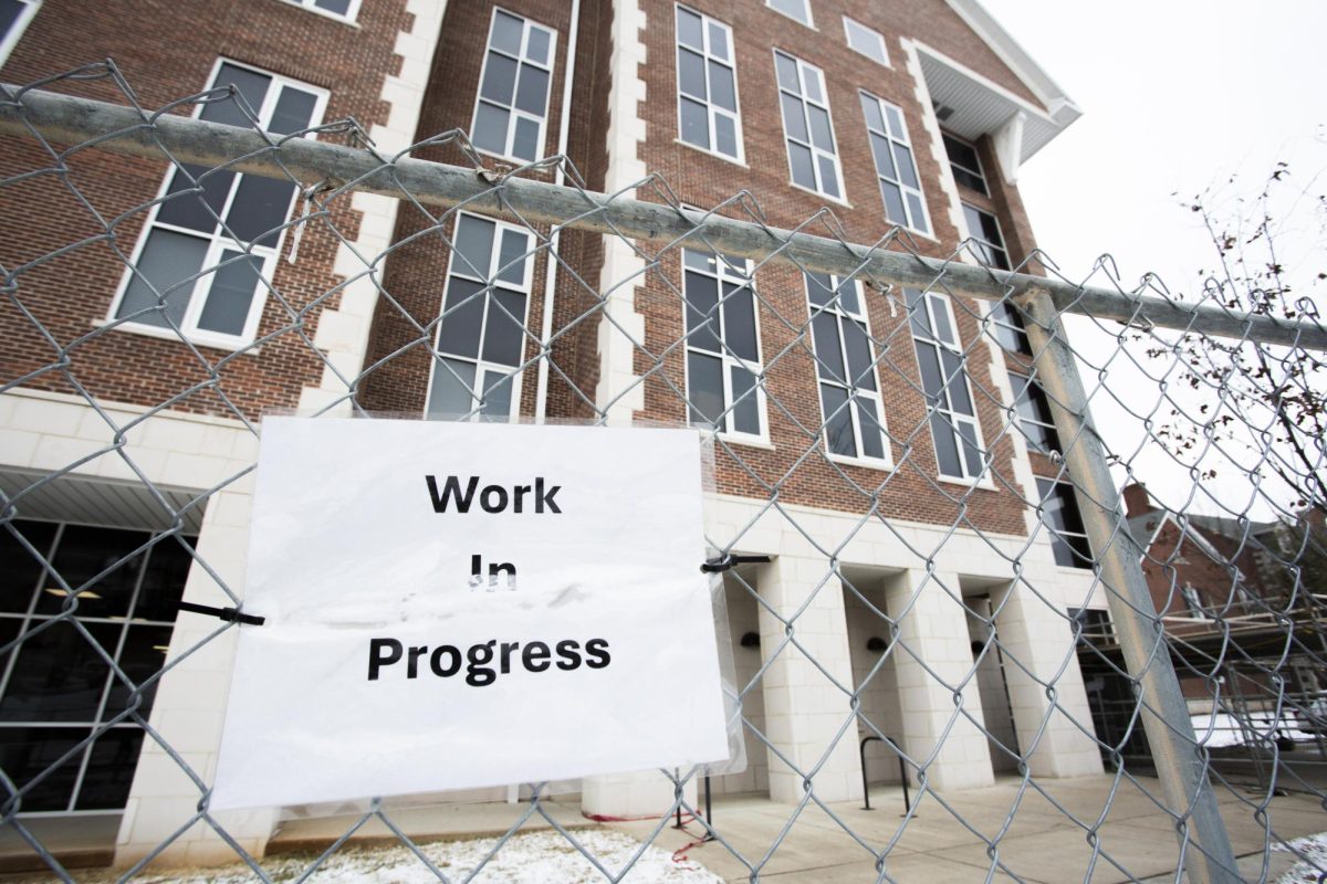 Hilltopper Hall is surrounded by construction scaffolding and fencing on Jan. 19, 2024.