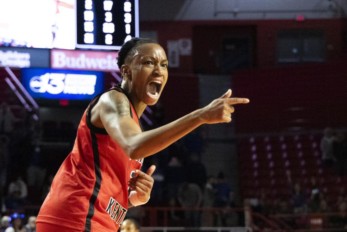 WKU guard Destiny Salary (1) yells across the court during the Lady Topper's game against the Middle Tennessee Lady Raiders in Bowling Green, Ky. on Saturday, Jan. 18, 2025.