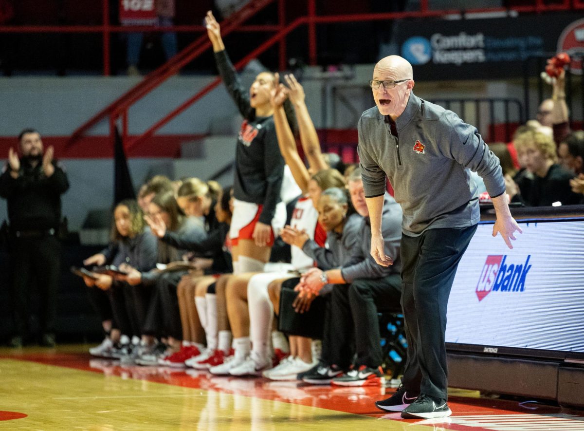 Western Kentucky University head coach Greg Collins shouts instructions at his team during a game against Sam Houston State University in Diddle Arena on Saturday, Jan. 25, 2025. 