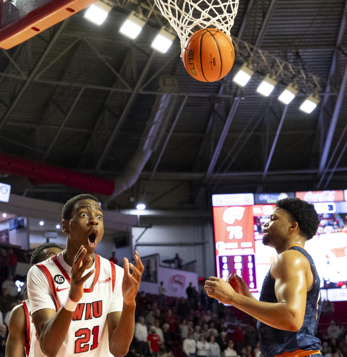 Western Kentucky Hilltoppers forward Leeroy Odiahi (21) reacts to a foul call during the Hilltoppers game against the UTEP Miners in Bowing Green, Ky. on Thursday, Jan. 30, 2025. 