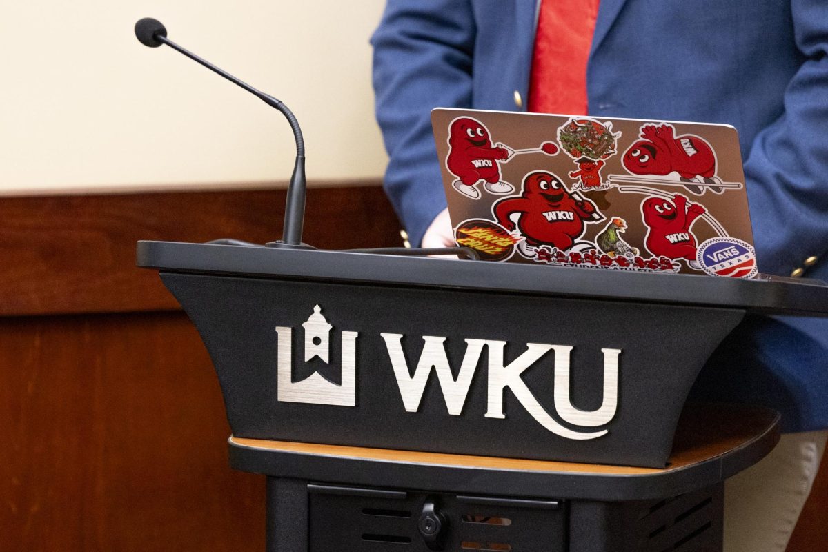 Senator Kaison barton speaks on bill 1-25-f during the Student Government Association’s weekly meeting in the senate chambers on Tuesday, Feb. 18, 2025. The bill aims to create a memorial scholarship in honor of the late Director of Track and Field, Steven ‘Brent’ Chumbley. 