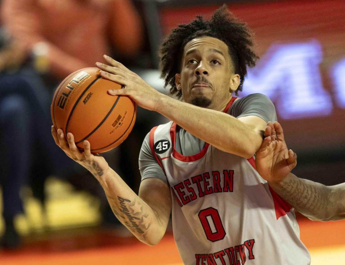 Western Kentucky Hilltoppers guard Braxton Bayless (0) attempts a layup during the game against the Louisiana Tech Bulldogs in E.A Diddle Arena in Bowling Green, Ky., on Saturday, Feb. 22, 2025.