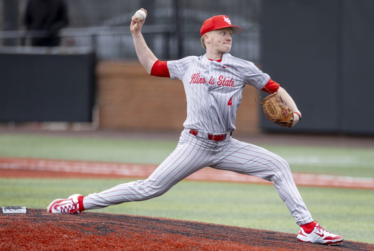 Illinois State University pitcher Tanner Perry (4) pitches the ball during a game against Western Kentucky University at Nick Denes Field on Feb. 14, 2025.