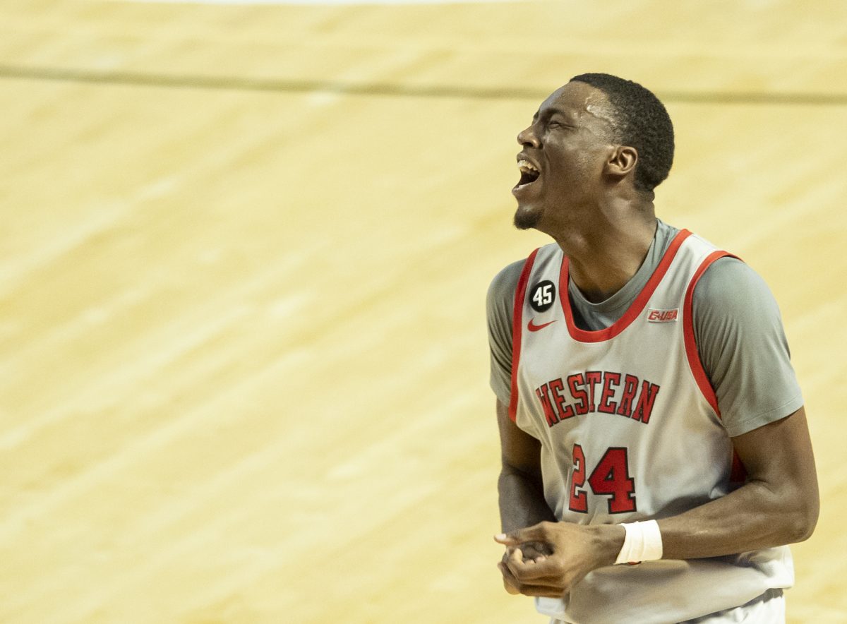 Western Kentucky Hilltoppers forward Tyrone Marshall Jr. (24) yells after missing a three point goal during a game against the New Mexico State Aggies in Diddle Arena on Saturday, Feb. 1 2025.