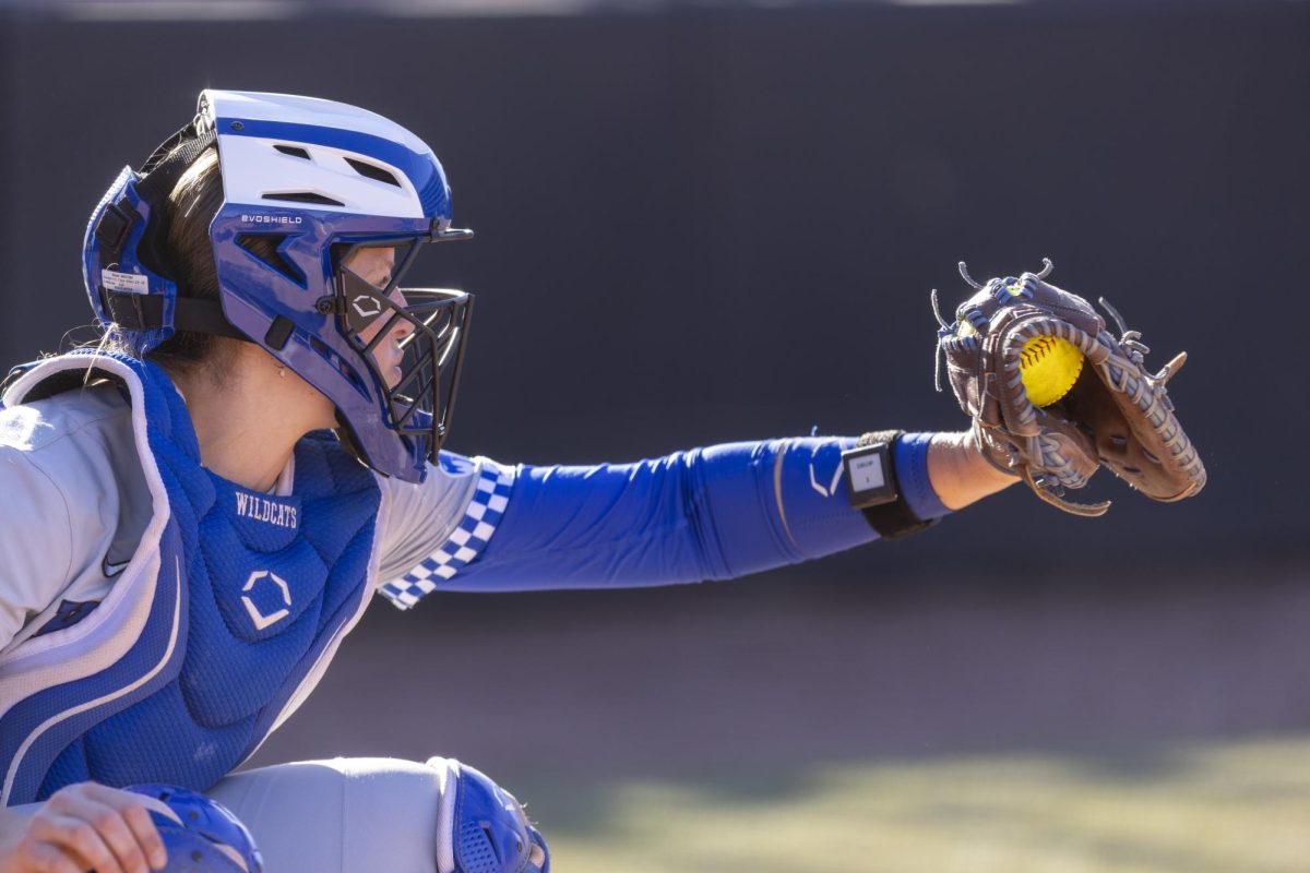 University of Kentucky Wildcat catcher Karissa
Hamilton (2), catches the ball during the game at the WKU Softball Complex on Friday, Feb. 28, 2025 