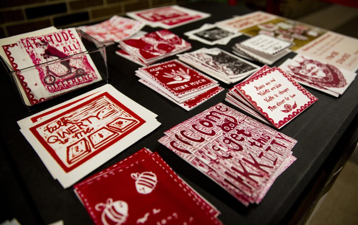 The WKU Print Making Club hosts a Valentine’s Days card print sale in FAC on Tuesday, Feb. 11, 2025. All of the prints/cards were made by students within the club.