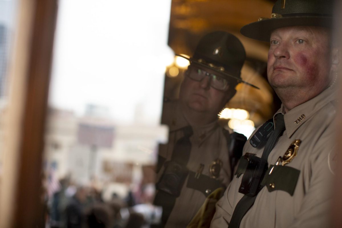 Tennessee State Capitol police monitor the events unfolding on the steps of the capitol during an anti-Trump protest organized by the 50501 Movement as part of a larger coordinated protest across the nation’s state capitols at the Tennessee State Capitol in Nashville, Tn. on Wednesday, Feb. 5, 2025.