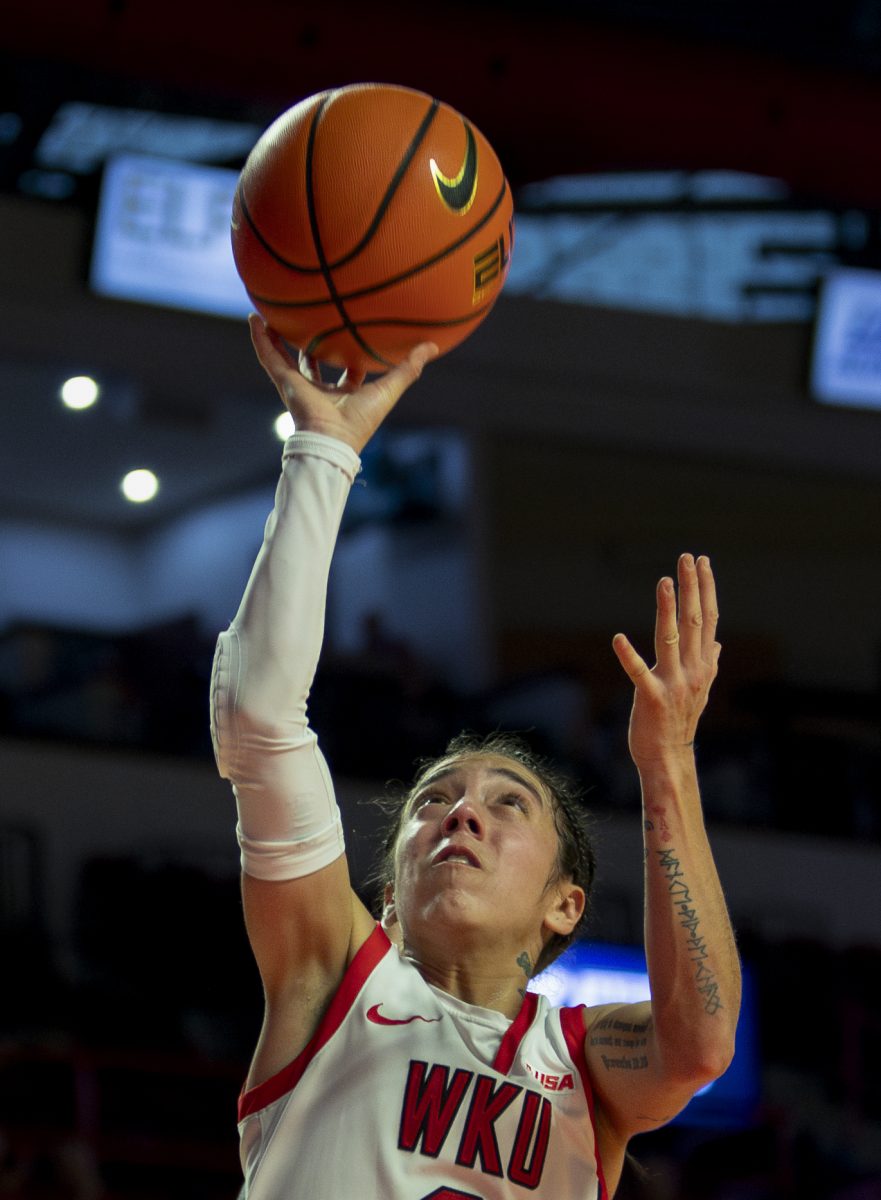 Western Kentucky Lady Toppers guard Alexis Mead (3) attempts a layup during the matchup against Jacksonville State University at E.A Diddle Arena on Saturday, Feb. 8, 2025.