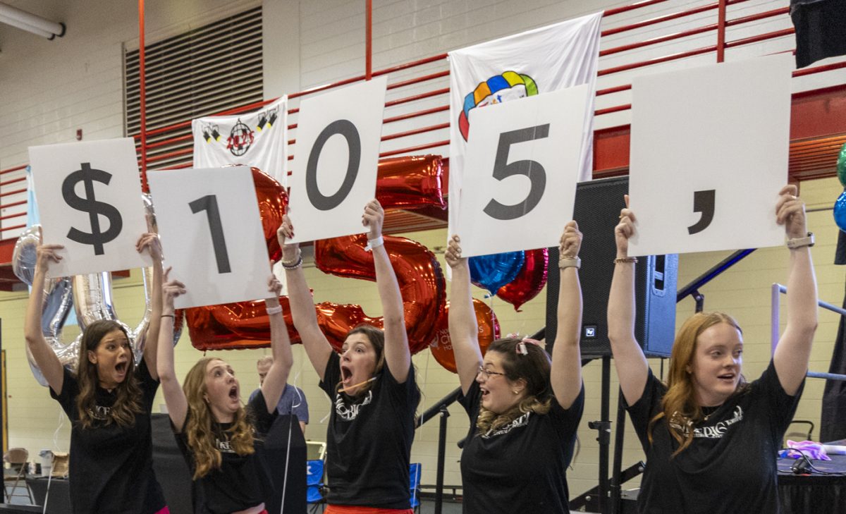 Members of the Dance big red executive board hold up the final total during the annual Dance Big Red event in Preston Center at Western Kentucky University to raise money for Norton Children’s Hospital on March 7, 2025. Dance Big red raised over $105,000 to donate to Norton Children’s Hospital.