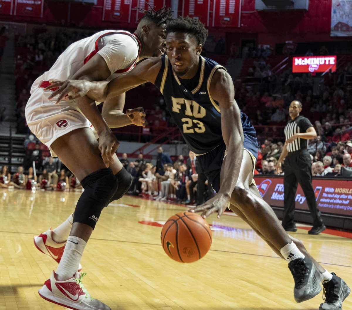 Florida International University center Vianney Salatchoum (23) drives the lane during the Toppers basketball game vs. the Florida International University Panthers at E.A. Diddle Arena on March, 6, 2025. WKU won 76-67.
