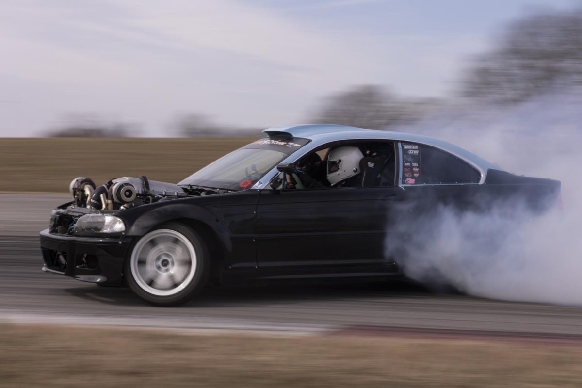 A modified car drifts around the track during Slyde Factory’s third annual Bluegrass Bash event hosted by the National Corvette Museum Motorsport Park on Saturday, Mar. 1, 2025.