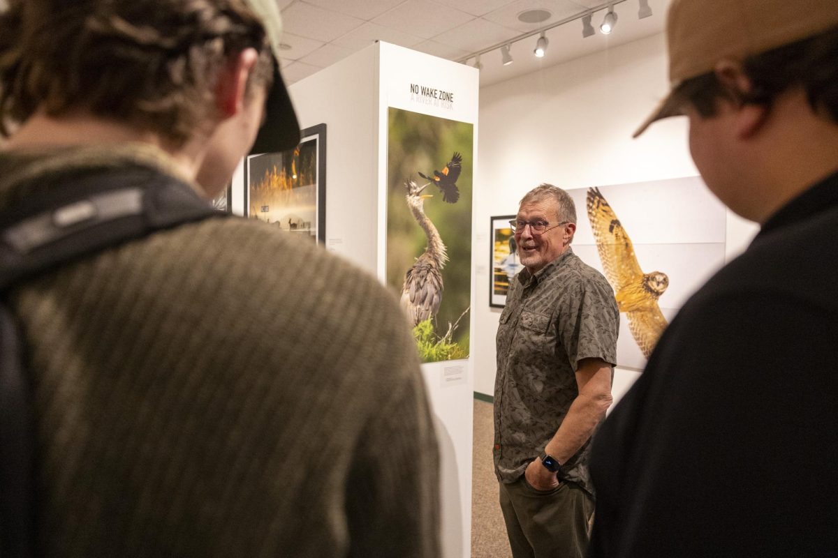 Photographer Steve Jessmore speaks to students about his photos in the “Birds Doing Stuff” gallery that opened in Jody Richards Hall ahead of his lecture funded in part by the Hearst Foundation and WKU’s School of Media & Communication on Tuesday, March 4, 2025.