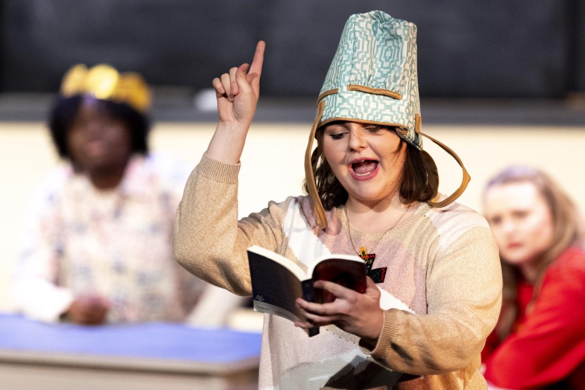Sophomore BFA acting major Aubrie Pignato performs one of her five characters during her first main stage acting performance for the Theater and Dance Department’s production of Shakespeare’s Henry V on Saturday, March 8, 2025 in the Russell Miller Theatre in FAC. 