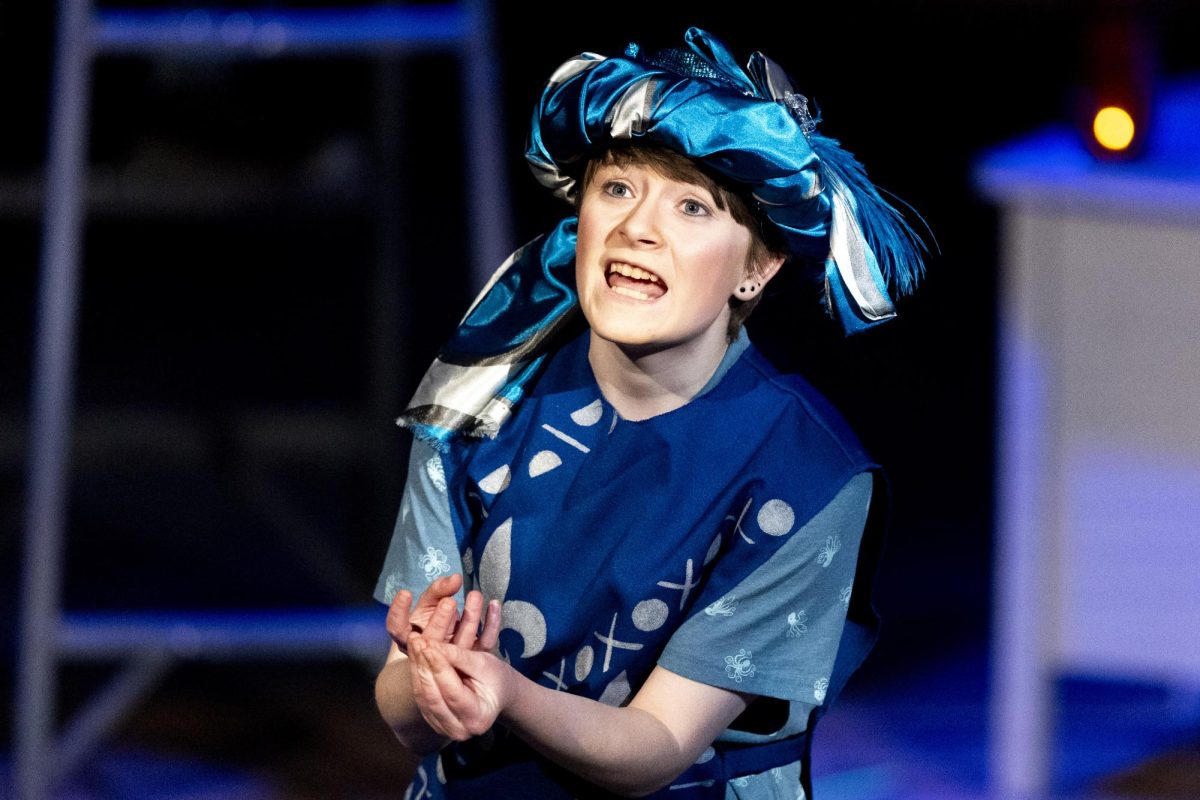 Junior BFA musical theater major Lib Boyd delivers a speech as a frenchman during the Theater and Dance Department’s production of Shakespeare’s Henry V on Saturday, March 8, 2025 in the Russell Miller Theatre in FAC. 