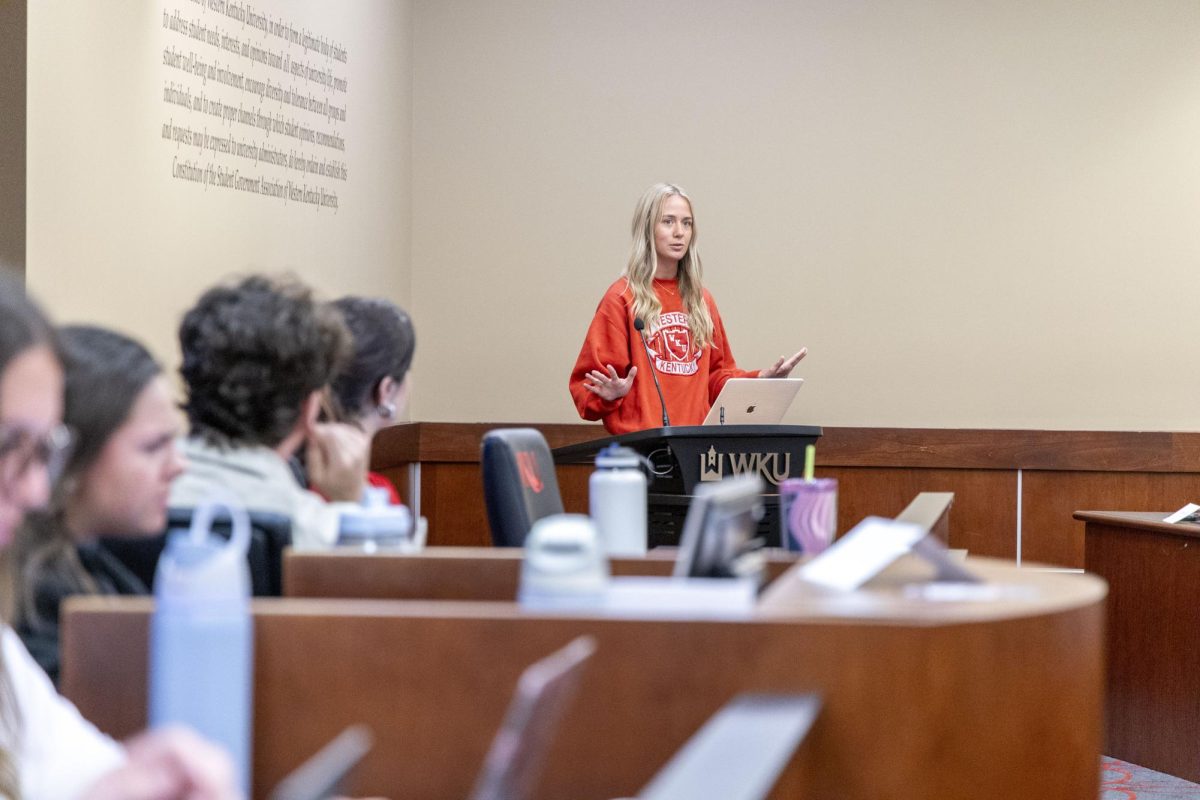 Student Government Association Chief of Staff Anne-Marie Wright addresses the senate about their annual formal during the weekly SGA meeting on Thursday, April 3, 2025. 