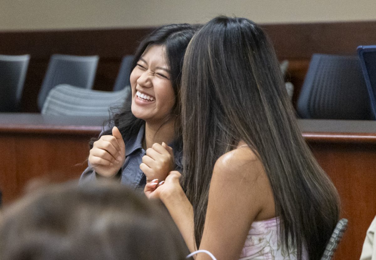 Mahurin Honors College Senator-Elect Ciin Lun smiles as her name is announced during the Student Government Association spring election results. “I really worked hard on this because I wanted to represent where I am from,” Lun said. “I was really misrepresented, so I wanted to do this for people like me.”