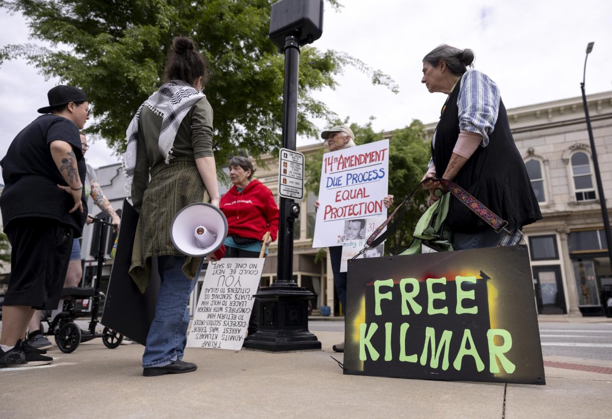 Protesters gather at Fountain Square Park to protest the Trump administration’s accidental deportation of Salvadoran native Kilmar Abrego Garcia in Bowling Green, Ky. on Sunday, April 27, 2025. 