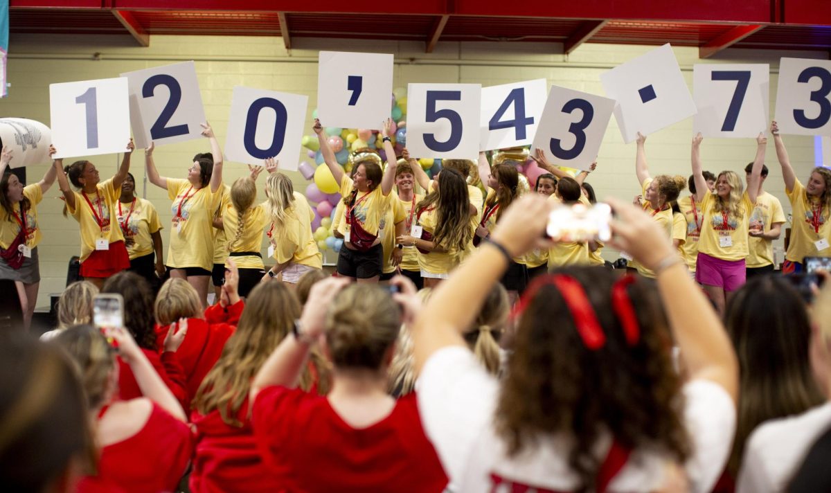 Sorority and fraternity members cheer as the total fundraising amount accumulated over the previous months is revealed at the end of the “Midnight on the Hill” fundraising event for St. Jude Children’s Research Hospital in the Preston Fitness Center on Saturday, April 5, 2025. 