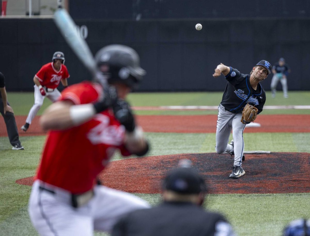University of Kentucky’s right handed pitcher Tristan Hunter (49) pitches the ball during WKU’s game against the University of Kentucky at Nick Denes Field on Tuesday, April 29, 2025.
